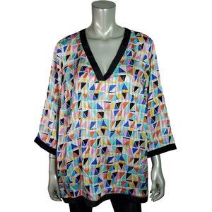Rafaella Top Plus Size‎ 2X Side Slits Semi Sheer V-Neck Pullover Multicolor